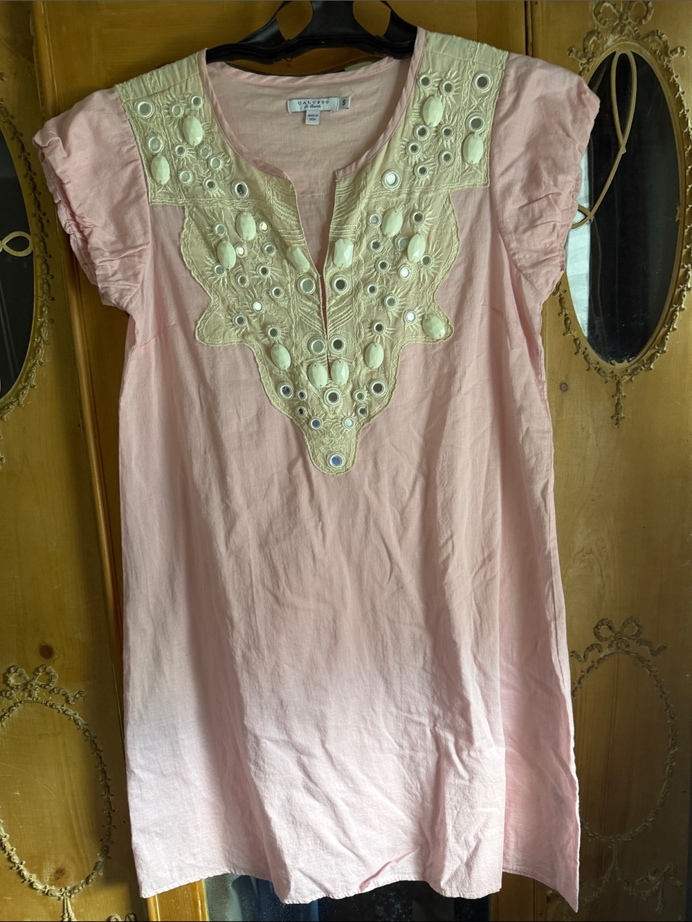 Calypso St. Barth Pink Tunic with Cream Eyelet & Mirror Embellishment